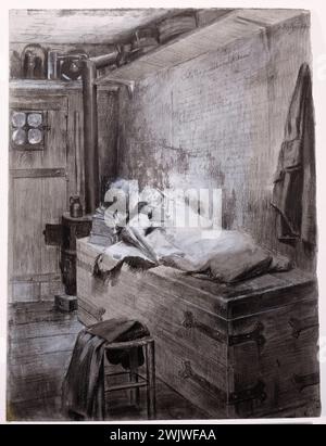 Georges-Antoine Rochegrosse (1859-1938) 'Enfants endormis'. Dessin. Paris, maison de Victor Hugo. Couché, hutch, dessiner, dormir, dormir enfant, grande malle, illustration, travail littérien la dame qui rit, caractère roman, poêle, sommeil, vue intérieure Banque D'Images