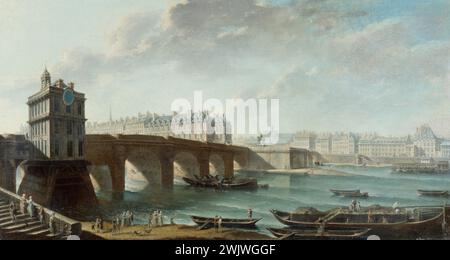 Nicolas-Jean-Baptiste Raguenet (1715-1793) 'La pompe samaritaine, le Pont-neuf et l'île de la Cité vus du quai du Louvre'. Huile sur toile, vers 1760. Paris, musée Carnavalet. 25518-2 approvisionnement en eau, bateau, carillon, Seine, 1er i 1er 1er arrondissement, Ile de la Cité, oeuvre d'art, pompe à eau, pompe samaritaine, Pont-neuf, quai de Seine, silhouette, ville, huile sur toile, pont Banque D'Images