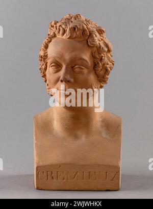 Jean-Pierre Dantan (dit Dantan Young). Portrait sérieux d'Isaac-Moïse Baron Crémieux, dit Adolphe (1796-1880), avocat et homme politique. Plâtre patiné en terre cuite. 1838. Paris, musée Carnavalet. 53356-2 avocat, français, homme politique, patine à motif, portrait sérieux, terre cuite Banque D'Images