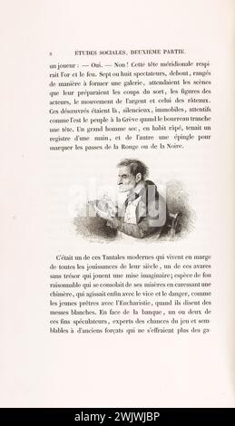 Janet-Langge (1815-1872) 'La peau de chagrin', roman d'Honoré de Balzac (1799-1850), édition illustrée. 'Un grand homme sec, en vêtements râpés, tenait un registre d'une main, et l'autre une épingle pour marquer la passe du rouge au noir. ''. Lecou, 1838. Paris, Maison de Balzac. Gravure sur acier, illustration, la peau de chagrin, travail illustre, roman, travail de litière Banque D'Images