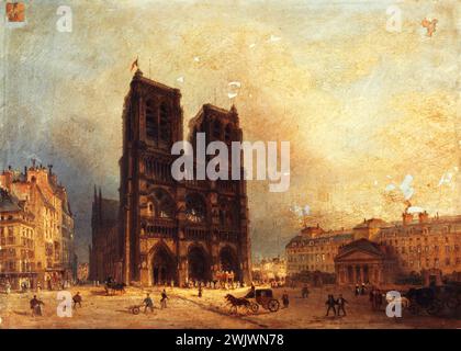 Attribué à Domenico Ferri (1795-1878). 'Le parvis de notre-Dame, vers 1835'. Huile sur toile. Paris, musée Carnavalet. 59655-3 Charche, CATHÉDRALE NOTE-DAME, drapeau tricolore, édifice religieux, façade, français, Ile de la Cité, IVEME IV 4ème 4ème arrondissement, parvis, scène rue, voiture attelee, XIX ème siècle, huile sur toile Banque D'Images