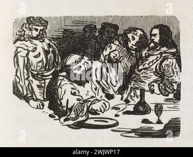 Gustave Doré (1832-1883), designer et Adrien Lavieille (1818-1862), graveur. 'Menus desserts citations.' Illustration pour Honoré de Balzac, 'les contes drolatiques', Paris : Société générale de librairie, 1855'. Gravure sur bois. Paris, Maison de Balzac. 101789-21 gravure sur bois, illustration d'une œuvre littéraire, 19e 19e 19e 19e 19e xixe siècle, gravure Banque D'Images