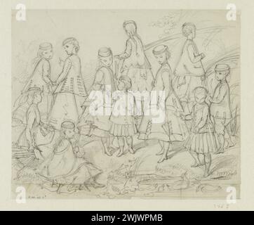 Anaïs Toudouze (1822-1899) Costumes pour enfants. Enfants à Paletot. Mine de plomb, livre blanc. 1867. Galliera, musée de la mode de la ville de Paris. 37824-10 costume, dessin, enfant, groupe, mine de plomb, paletot, petit garçon, petite fille, second empire Banque D'Images