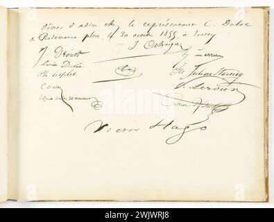 Victor Hugo (1802-1885), Pierre Leroux (1797-1871), Juliette Drouet (1806-1883), Charles Asplet (1814-1881). Album Asplet, folio 41. "Signataire du dîner d'adieu". Encre de Chine. 1855-10-30-1855-10-30. Paris, maison de Victor Hugo. 100741-8 interdit, républicain, république française, résistance, 19e XIXe 19e 19e siècle Banque D'Images