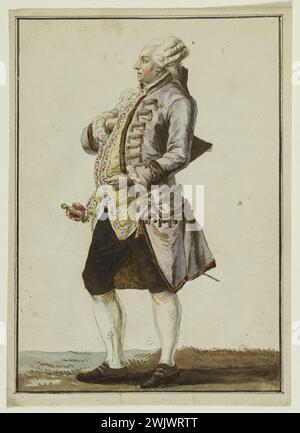 Pierre Thomas Leclerc (1740 avr. 1799). Homme habillé d'un manteau en Brandenburgs de Camelot de Silk. Dessin pour la gravure de Dupin, Galerie des modes et costumes français, 19e cahier, 13e suite, pl. T 112, Cornu 71. Costume bourgeois, habit dans le Brandebourg bordé et rempli de petits gris, avec boutonnières chargées d'olives à double tête appelées le saxon, veste en tissu doré avec bordure brodée, double ligne de supervision à l'encre noire. Plume d'encre marron, lavage marron, gouache, papier blanc. 1776. Galliera, musée de la mode de la ville de Paris. 37826-9 Buttoniere, brandebourg, caméra en soie Banque D'Images