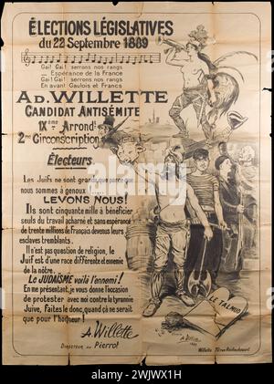 Guerre 1939-1945. 'Élections législatives du 22 septembre 1889'. Reprise d'une affiche de A. Willette, de 1889. Musée général Leclerc de Hauteclocque et de la libération de Paris, Musée Jean Moulin. Antisémisme, affiche, candidat antisémite, élection législative, Gaulois, 9ème 9ème 9ème arrondissement, Juda, régime de Vichy, récupération, seconde Guerre mondiale, Talmud Banque D'Images