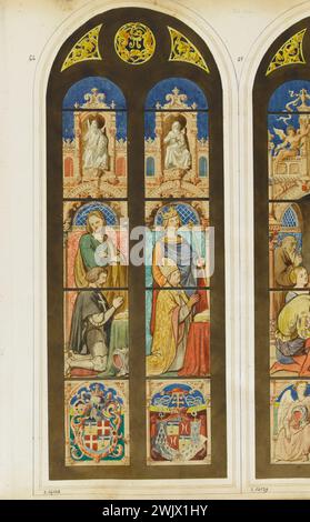 Atelier GSELL-Laurent. Album n°3 ; projet de vitraux pour l'église Saint-Martin de l'Isle-Adam ; fenêtre à 2 travées : Philippe de Villiers de l'Isle-Adam et son patron, Louis de Villiers de l'Isle-Adam, évêque de Beauvais et Saint Louis. Crayon, aquarelle, gouache. Paris, musée Carnavalet. Agenouiller, album n°3, catholique, chrétien, crayon, deux, église Saint-Martin, Eveque Beauvais, Fenetre, Gouache, grand maître ordre de Malte, patron, prier, projet, prieuré, roi français, saint, voyage, vitrail, aquarelle Banque D'Images