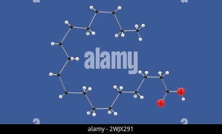 Acide alpha-linolénique, structure moléculaire 3D Omega 3 ALA, sur fond bleu, illustration de rendu 3D. Banque D'Images