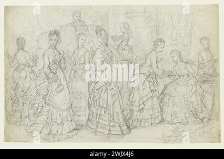 Anaïs Toudouze (1822-1899) 'Groupe de femmes et d'enfants dans un jardin'. Robes pouf, garnies de volants, veste à manches fendues ou poignets. Mine de plomb, livre blanc. Vers 1872. Galliera, musée de la mode de la ville de Paris. 37825-15 dessin, enfant, femme, groupe, jardin, manchette, mine de plomb, robe de pouf, deuxième empire, veste de poignée, volant de direction Banque D'Images