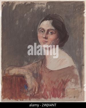 Jean-Louis Forain (1852-1931) Portrait d'une jeune femme en buste. Huile et gouache sur papier, 1920. Musée des Beaux-Arts de la ville de Paris, petit Palais. Buste, gouache, jeune femme, portrait, huile sur toile Banque D'Images