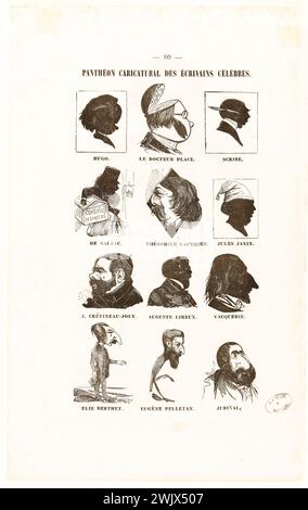 Bertall (Albert d'Arnoux, dit) (1820-1882) panthéon caricatural des écrivains célèbres [Portrait de Balzac]. Balzac, Honoré de (1799-1850). Hugo, Victor (1802-1885) Gautier, Théophile (1811-1872) Janin, Jules (1804-1874) Pelletan, Camille (1813-1884) Scribe, Eugène (1791-1861) gravure. Après 1848. Paris, Maison de Balzac. 145717-2 Banque D'Images