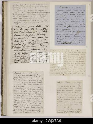 Manuscrit autographe de Victor Hugo (1802-1885). Histoire de voyage illustrée dans l'album Chenay. Folio 41 (verso), cinq lettres de MM. Adèle Hugo et Victor Hugo '. 1855. Paris, maison de Victor Hugo. 100201-15 Chenay album, album, correspondance, lettre, manuscrit Banque D'Images