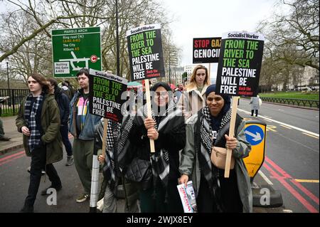 Londres, Royaume-Uni. 17 février 2024. Des dizaines de milliers de personnes ont défilé à Gaza pour réclamer un cessez-le-feu et arrêter les bombardements de la Palestine sans défense et sans armes à Rafah à Marble Arch, marchant vers l’ambassade d’Israël, à Londres, au Royaume-Uni. Crédit : Voir Li/Picture Capital/Alamy Live News Banque D'Images