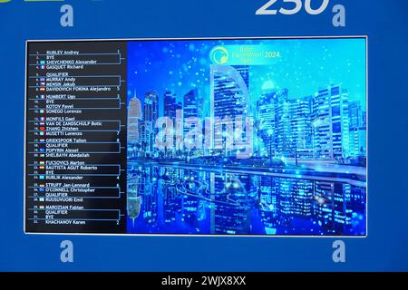 Le tirage au sort du Qatar ExxonMobil Open 2024 au Khalifa International Tennis and Squash Complex à Doha le samedi 17 février 2024. Le tournoi débute le 19 février 2024 au Khalifa International Tennis and Squash Complex à Doha et est organisé par la Fédération de tennis du Qatar à Doha, la capitale du Qatar. Le Qatar ExxonMobil Open prendra fin le 24 février 2024. Banque D'Images