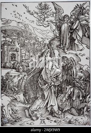 Albrecht Dürer (1471-1528) 'L'ange tenant la clé de l'abîme Bartsch 75 ; édition latine'. Gravure sur bois, vers 1496-1497. Musée des Beaux-Arts de la ville de Paris, petit Palais. Abime, Ange, révélation, Bible, Catholique, Christian, clé, gravure sur bois, Nouveau Testament Banque D'Images