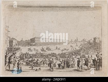 Jacques Callot (1592-1635) Les caprices, la course de chevaux sur la place Pitti à Florence. Quarante-et-dix-neuvième numéro de la suite de 50 pièces gravées à Nancy' (Lieure 476, Meaume 865). Gravure. 1621. Musée des Beaux-Arts de la ville de Paris, petit Palais. 99608-10 gravure, gravure Banque D'Images