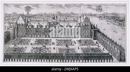 Claude Chastillon (1559-1616) 'Le grand et magnifique bâtiment du Hôtel de Nevers représenté dans une partie de l'est avec le paysage suivant'. Gravure. Paris, musée Carnavalet. Façade, Hôtel de Nevers, Hôtel particulier, jardin, magnifique bateau, Orient, paysage, représentation, Vieme Life VI 6ème 6ème 6ème arrondissement, large Banque D'Images