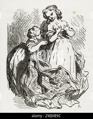 Gustave Doré (1832-1883), designer et Adrien Lavieille (1818-1862), graveur. "Des folies que les femmes disent dans des vêtements de soja." Illustration pour Honoré de Balzac, 'les contes drolatiques', Paris : Société générale de librairie, 1855'. Gravure sur bois. Paris, Maison de Balzac. 101782-1 gravure sur bois, illustration d'une œuvre littéraire, 19e 19e 19e 19e 19e xixe siècle, gravure Banque D'Images
