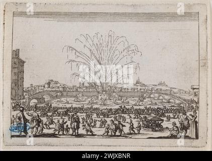Jacques Callot (1592-1635) Les caprices, les feux d'artifice sur l'Arno. Quarante-cinquième numéro de la suite de 50 pièces gravées à Florence (Lieure 258, Meaume 856). Gravure. 1617. Musée des Beaux-Arts de la ville de Paris, petit Palais. 99607-30 gravure, gravure Banque D'Images