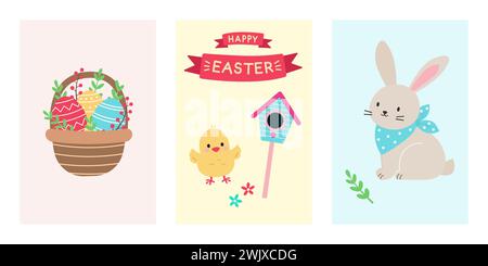 Jeu de cartes avec des éléments de Pâques. Lapin et poulet, panier avec œufs et nichoir. Ruban festif avec inscription. Illustration vectorielle plate Illustration de Vecteur
