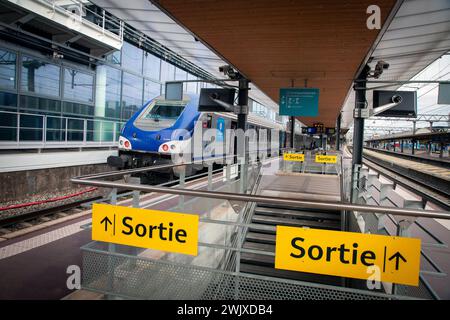 Lyon, France. 16 février 2024. Un TER dans la gare, lors du mouvement social des contrôleurs SNCF, à la gare Lyon-part-Dieu, France, Lyon, le 16 février, 2024. photo de Thibaut Durand /ABACAPRESS.COM crédit : Abaca Press/Alamy Live News Banque D'Images