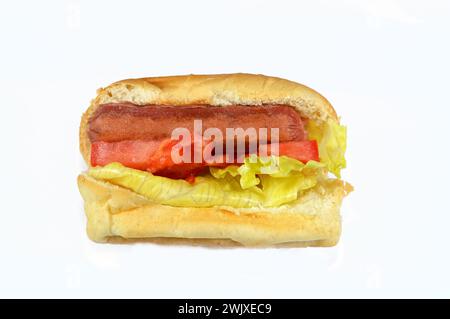 Hot dog dans un petit pain avec des tranches de laitue et de tomate, saucisse de bœuf grillée appelée wiener (saucisse de Vienne) et frankfurter franc avec laitue et tomate, in Banque D'Images