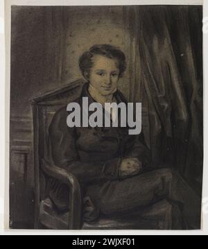 Victor Hugo (1802-1885) Autoportrait. Pierre noire, crayon graphite, craie blanche et lavage sur papier tissé, 1818-1822. Paris, maison de Victor Hugo. Assis, autoportrait, craie blanche, crayon graphite, écrivain, écrivain français, fauteuil, jeune, lavage, papier vélin, pierre noire, portrait Banque D'Images