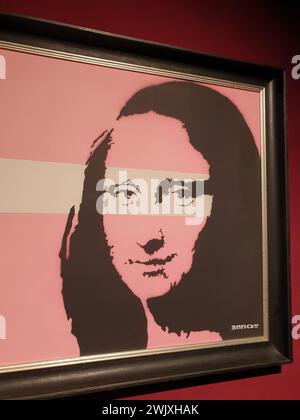 Œuvre „Mona Lisa (Rose)“ de Banksy dans l’exposition „le mystère de Banksy – Un esprit de génie“ au Technikum Mülheim le 18 novembre 2022 Banque D'Images