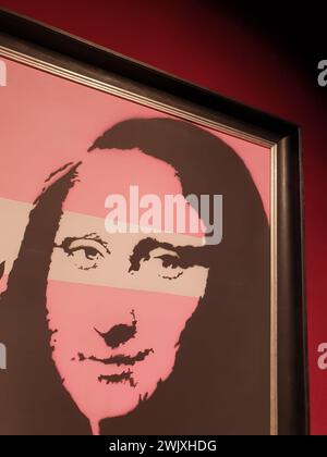 Œuvre „Mona Lisa (Rose)“ de Banksy dans l’exposition „le mystère de Banksy – Un esprit de génie“ au Technikum Mülheim le 18 novembre 2022 Banque D'Images