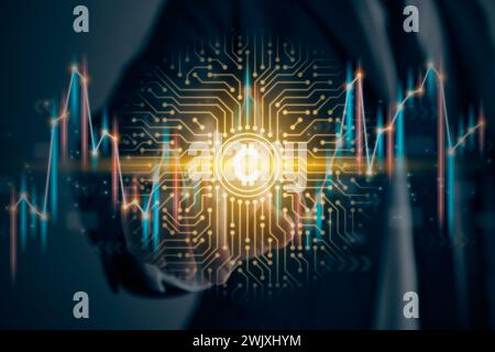 Écran tactile d'homme d'affaires et icône de crypto-monnaie et ligne de circuit imprimé PCB. Commerce en ligne, financier, Blockchain, coin et technologie d'investissement Con Banque D'Images