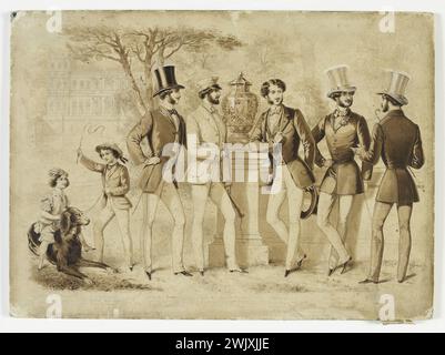 Alexandre Lacauchie. « Cinq costumes pour hommes et deux costumes pour enfants ». Dessin pour 'le progrès', 1er juillet 1851, n°19. Plume et encre brune, lavage brun sur les lignes avec mine de plomb, amélioration du blanc. Papier blanc monté sur carton. Galliera, musée de la mode de la ville de Paris. 37821-9 chapeau haut-bruni, costume d'homme, dessin, encre brune, enfant, jouer, progresser, chien, habitude, plume Banque D'Images