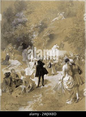 Emile-Antoine Bayard (1837-1891), graveur français. La fête avec Thérèse. Gouache, mine de graphite, laver sur papier épais bleuté. 1886. Paris, maison de Victor Hugo. DESSIN Banque D'Images