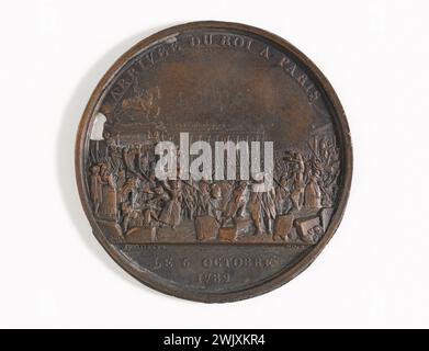 Bertrand Andrieu (1761-1822) 'Arrivée du roi à Paris'. Bronze. 6 octobre 1789. Paris, musée Carnavalet. 54285-13 arrivée, calèche, famille, foule, médaille, peuple parisien, place Louis XV, Révolution française, roi bourbon, statue équestre, voiture Banque D'Images