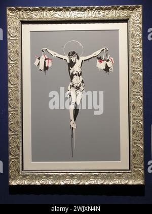 Oeuvre „Christ avec des sacs à provisions“ par Banksy dans l'exposition „le mystère de Banksy - Un esprit de génie“ à Mülheim an der Ruhr sur 18.11.2022 Banque D'Images