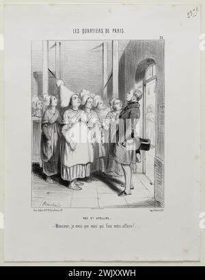 Frédéric Bouchot (1798-vers 1860). 'Street Ste Apolline - Monsieur, je pense qu'ici va faire vos affaires! ...». Lithographie. Milieu XIXème. Paris, musée Carnavalet. 54449-17 serviteur, femme, gentleman, haut de gamme, homme, lithographie, rue Sainte-Apolline, XIXe siècle Banque D'Images