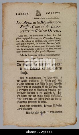 Anonyme, liberté. Egalite./ Huningue 9 Prairéal [sic] 2e année républicaine./ les [sic] agents de la République en/ Suisse, Gobert & lado-/ mette, in General Dieche. (Titre inscrit (lettre)), 1794. Gravure sur bois et typographie. Musée Carnavalet, histoire de Paris. Politique, histoire, Révolution française, 1789-1799, Administration, Suisse, Huningue, Metz, Gobert, Ladomette, Antoine Claude Diéche (1753-1811), devise, République, affiche typographique, motif décoratif Haut Centre Phrygien Banque D'Images