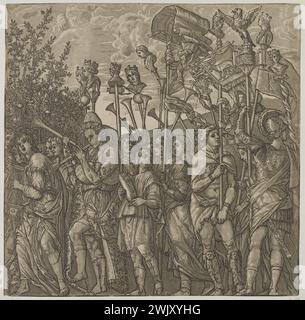 Andrea Andreani (actif à Mantoue vers 1540-1623). 'Le triomphe de Jules César', d'après Mantegna : guerriers portant des aigles et des drapeaux précédés par plusieurs musiciens (Bartsch, volume XII, section 6, n°11). Couleur en couleur. 1599. Musée des Beaux-Arts de la ville de Paris, petit Palais. 112278-23 16e 16e XVI 16e 16e Centre, gravure Banque D'Images