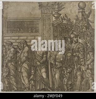 Andrea Andreani (actif à Mantoue vers 1540-1623). 'Le triomphe de Jules César', après Mantegna : marche d'hommes et de femmes accompagnés d'enfants et suivie d'un guerrier qui porte un bâton surmonté d'une torche et d'une tablette (Bartsch, Tome XII, section 6, n°11). Couleur en couleur. 1599. Musée des Beaux-Arts de la ville de Paris, petit Palais. 112278-22 16e 16e XVI 16e 16e Centre, gravure Banque D'Images