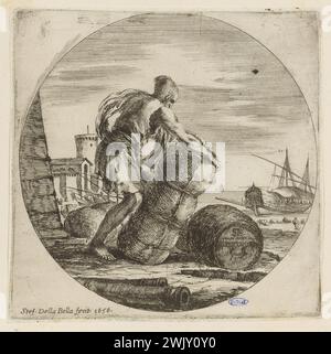 Della Bella, Stefano (dit Étienne de la belle) (n.1610-05-18-D.1664-08-22), paysages et ports maritimes en ronds. Le condamné qui déplace une boule de marchandises sur le quai d'un port maritime. Cinquième numéro d'une série de 6 chambres. (A. de Vesme 747 ; Dutuit 188) (titre principal), 1656. Gravure. Petit Palais, Musée des Beaux-Arts de la ville de Paris. Banque D'Images