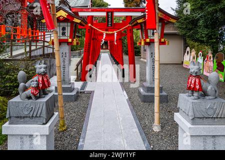 Portes rouges honorant les donateurs et les contributeurs. Sanctuaire Hakozaki Hachiman. Izumi, Kagoshima, Japon. Banque D'Images