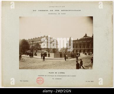 Construction du chemin de fer métropolitain municipal à Paris. Place de l'Opéra. Site du travail de superposition à 3 lignes. Vue extérieure, à Courcelles, 11 juin 1903. Photographie anonyme. Tirage au chlorure de gélatine d'argent. Paris, musée Carnavalet. 123092-16 Banque D'Images