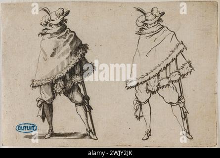 Jacques Callot (1592-1635) "Les caprices, l'homme enveloppé dans son manteau. Quinzième numéro de la suite de 50 pièces gravées à Florence (Lieure 228, Meaume 796). Gravure. 1617. Musée des Beaux-Arts de la ville de Paris, petit Palais. 99605-31 gravure, gravure Banque D'Images