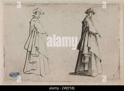 Jacques Callot (1592-1635) 'Les caprices, la dame avec des vêtements amples. Vingtième édition de la suite de 50 pièces gravées en Nancy' (Lieure 447, Meaume 807). Gravure. 1621. Musée des Beaux-Arts de la ville de Paris, petit Palais. 99606-12 gravure, gravure Banque D'Images