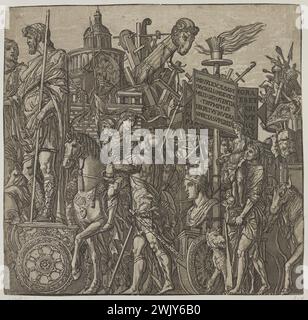 Andrea Andreani (actif à Mantoue vers 1540-1623). 'Le triomphe de Jules César', après Mantegna : un homme debout sur un char de triomphe suivi de quelques cavaliers et de personnes à pied (Bartsch, tome XII, section 6, n°11). Couleur en couleur. 1599. Musée des Beaux-Arts de la ville de Paris, petit Palais. 112278-17 16e 16e XVI 16e 16e Centre, gravure Banque D'Images