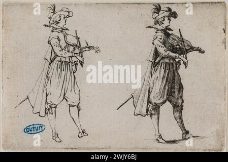 Jacques Callot (1592-1635) 'Les caprices, le joueur de violon. Treizième numéro de la suite de 50 pièces gravées à Nancy' (Lieure 440, Meaume 793). Gravure. 1621. Musée des Beaux-Arts de la ville de Paris, petit Palais. 99605-28 gravure, gravure Banque D'Images