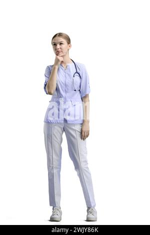 Le médecin, en pleine hauteur, sur fond blanc, pense Banque D'Images