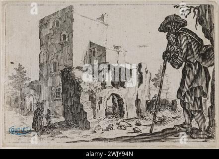 Jacques Callot (1592-1635) Les caprices, le pastre et les ruines. Cinquième numéro de la suite de 50 pièces gravées à Nancy' (Lieure 432, Meaume 777). Gravure. 1621. Musée des Beaux-Arts de la ville de Paris, petit Palais. 99605-12 gravure, gravure Banque D'Images