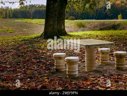 Table Picknik sur un parking en aire de repos près d'une route de campagne en France Banque D'Images