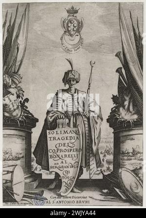 Jacques Callot (1592-1635) 'Soliman', pièce italienne de Prosepero Bonarelli. Frontispice avec un portrait de Soliman. Premier numéro d'une suite de 6 pièces (Lieure 363, Meaume 434). Mangez, 1619. Musée des Beaux-Arts de la ville de Paris, petit Palais. 99596-4 dans le pied, homme, illustration, pouf, partie de théâtre, portrait, sultan, tragédie, 17e 17e 17e 17e 17e. xviie siècle, gravure Banque D'Images