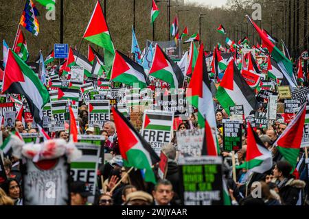 Londres, Royaume-Uni. 17 février 2024. Des paquets tachés de sang pour représenter les enfants tués - Une manifestation palestinienne, appelant à un cessez-le-feu marche maintenant de Hyde Park à l'ambassade d'Israël. La foule continue de répondre à la flambée de violence en cours et à la riposte israélienne qui se développe à Rafah, Gaza. La manifestation a été organisée par Stop the War, la Palestine Solidarity Campaign UK et les amis d'Al Aqsa, entre autres. Crédit : Guy Bell/Alamy Live News Banque D'Images